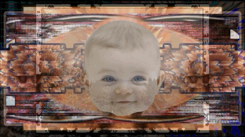 Baby head biforcated with patterns of high energy frequencies bursting from  the center of the fissure.